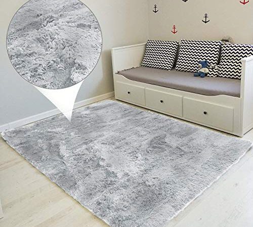 Alfombra Pelo Largo 160 x 230 cm - Alfombras Salon Modernas Comedor Alfombra Grande pie de Cama Gris – Blanco