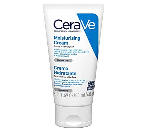 CeraVe Crema hidratante para pieles secas a muy secas, con 3 ceramidas esenciales y hialurón 50 ml