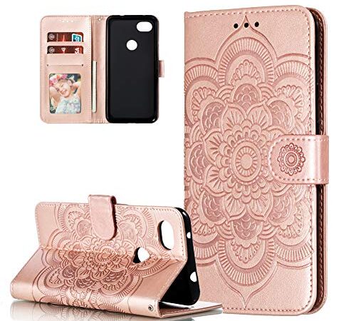 COTDINFOR Google Pixel 3A Funda Flip Cierre Magnético Billetera Elegante Retro Suave PU Cuero Cover Anti-arañazo Carcasas para Google Pixel 3A Rose Gold Mandala LD.