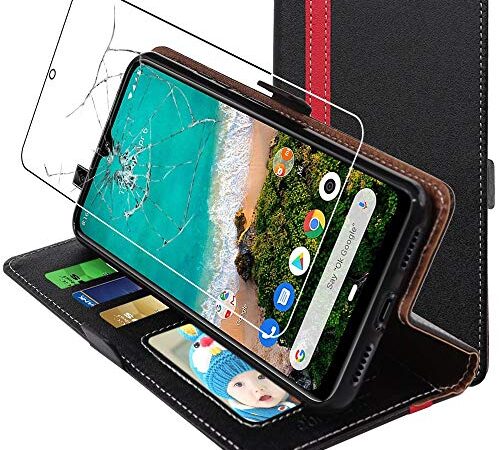 ebestStar - Funda Compatible con Xiaomi Mi A3 Carcasa Cartera Cuero PU, Funda Libro Billetera Ranuras Tarjeta, Función Soporte, Negro/Rojo +Cristal Templado [Phone: 153.5 x 71.9 x 8.5mm, 6.01'']