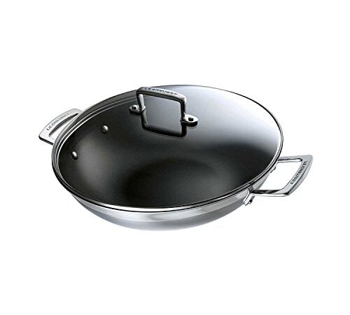 Le Creuset 3-Ply Wok antiadherente con tapa de vidrio, Ø 30 cm, acero inoxidable, volumen 4,3 L, Libre de PFOA, para todo tipo de fuentes de calor (incl. inducción), metálico