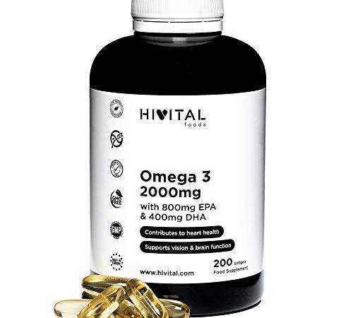 Omega 3 2000 mg | 200 cápsulas para más de 3 meses | Con 800 mg EPA, 400 mg DHA y Vitamina E Natural | El único con Aceite de Pescado Español que contribuye a la salud cardíaca, cerebral y ocular