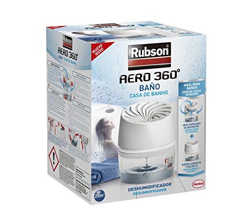 Rubson AERO 360º Baño, deshumidificador portátil sin cable para baño, absorbe humedad para la circulación del aire, disipador de condensación, dispositivo y tableta (450 g)