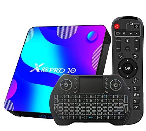 TV Box Android 11.0 4GB 64GB Decodificador Smart TV Box RK3318 USB 3.0 1080P Ultra HD 4K HDR 2.4GHz 5.8GHz BT 4.1 Reproductor Multimedia de Transmisión con Mini Teclado Inalámbrico Retroiluminado