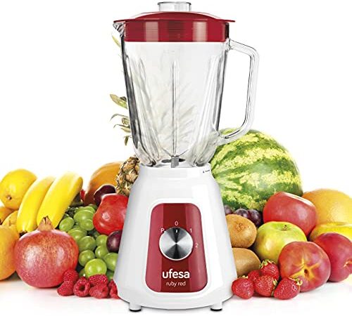 Ufesa BS4717 Ruby Red Batidora de Vaso, 1500 W, Jarra de Cristal de 1.5L, 2 Velocidades + Pulse, Cierre Hermético, Pica hielo, 4 Cuchillas de Acero Inoxidable, Libre de BPA, Blanco/Rojo