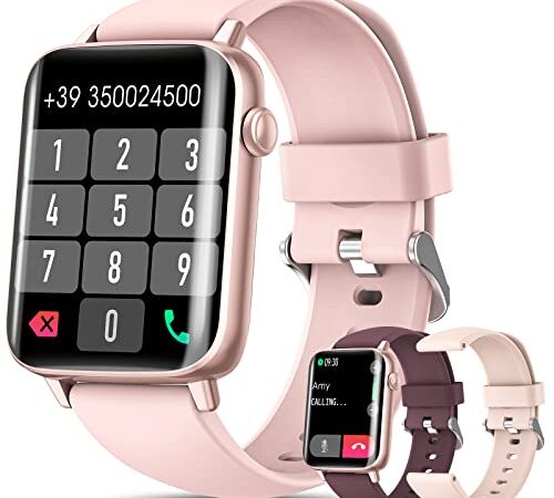 2022 Smartwatch Mujer con Llamadas Bluetooth 5.1, SWGOTA 1,7'' Reloj Inteligente Mujer IP68 con Frecuencia Cardíaca, SpO2 y Monitor de Sueño, Notificaciones Inteligentes Android iOS 3 Correas Rosa