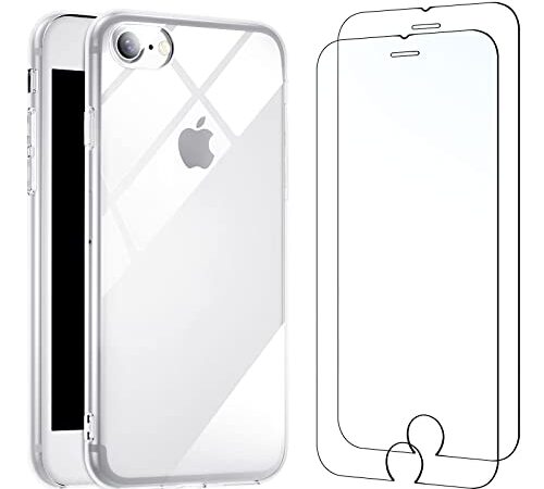 NEW'C Funda para iPhone SE 2022, iPhone 8/7 (4.7") Gel de TPU Suave de Silicona Transparente Alta y 2X Protector de Pantalla para iPhone 7/8/SE 2022 (4.7") Vidrio Templado - Antiarañazos