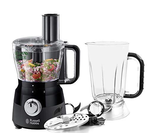 Russell Hobbs Procesador de Alimentos Matte Black - Cuchilla Acero Inoxidable, Disco Corte y Rallado, Amasador, Disco para Cremas, Jarra Batidora 1,5L, 2 Velocidades, Función Pulse, Negro - 24732-56