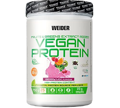 Weider-Vegan Protein- Proteína 100% vegetal de guisantes (PISANE) y arroz. Sin gluten. Sin lactosa. Sin aceite de palma (750 g). Sabor Frutos Rojos