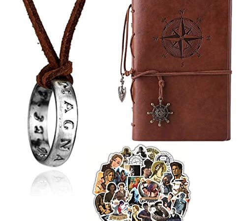 XHBTS Uncharted 4 Drake 20 pegatinas y collar con colgante de anillo grabado, cadena de cuero marrón y cuaderno de escritura de diario de viaje, cuaderno de notas vintage de piel sintética,(marrón)