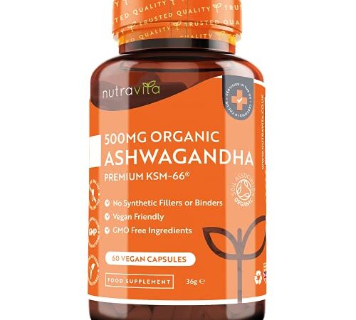 Ashwagandha Orgánica 500mg - KSM-66® Sin Excipientes - 100% Natural Cápsulas Veganas - Suplemento de Ayurvédico de Withania Somnifera (Ginseng Indio) - Hecho en el RU por Nutravita