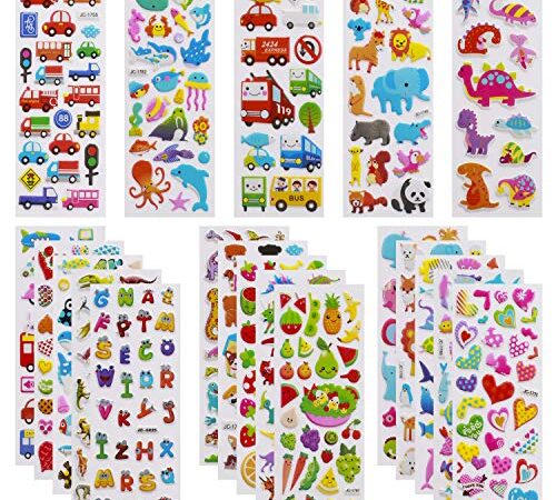 Meafeng Pegatinas para Niños 600+, 24pcs Pegatinas Infantiles 3D Puffy Stickers, Aplicable Gratificantes Regalos Scrapbooking , Que Incluyen Automóviles,Animales, Números, Frutas, Letras, Vida Marina