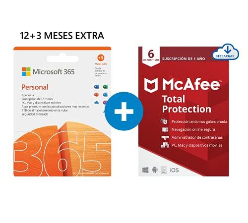 Microsoft 365 Personal | Apps Office 365 | PC/MAC/tableta/teléfono | 12+3 Meses + McAfee Total Protection 2022 | 6 Dispositivo | 12 Meses | PC/Mac/Android/Smartphones - Código de activación por email