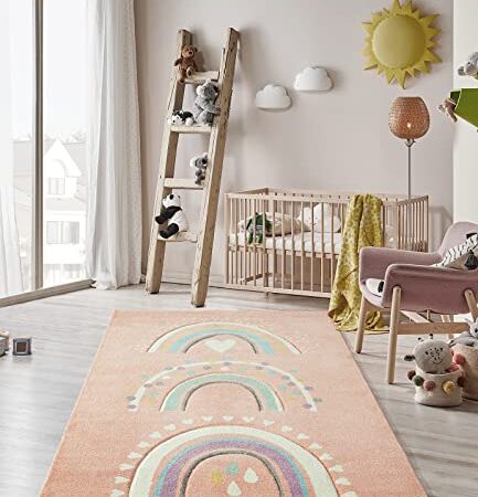 the carpet Monde Kids - Alfombra Moderna y Suave para niños, de Pelo Suave, fácil de Limpiar, no destiñe, diseño de arcoíris, Rosa, 120 x 170 cm