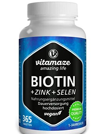 Vitamaze® Biotina 10000 mcg de Dosis Alta + Selenio + Zinc para Crecimiento del Piel, Cabello y Uñas - 365 Tabletas Veganas para 1 Año, Calidad Alemana, sin Aditivos Innecesarios