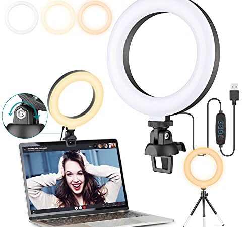 Anillo de Luz Videoconferencia, 6" Aro de Luz Portatil con Trípode y Clip para Laptops, Webcam, Cámaras y Teléfonos Móviles, Ajustable en 360 °, 3 Modos de Iluminación y 10 Brillos Anillo de Video Luz