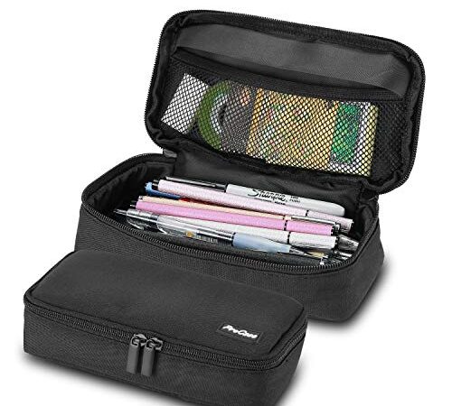 ProCase Estuche Escolar de Gran Capacidad, Bolsa de Lápiz Portable Estuche Organizador para Material Papelería con Cremallera Doble para Hombre Mujer Estudiante en Escuela Oficina –Negro