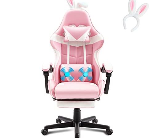 Soontrans Silla Gaming con Masajeador, Silla Gamer con Cojín Lumbar de Masaje & Reposapiés & Reposacabeza & Diadema, Sillas Gaming para Gaming Youtube Livestreaming Playstation (Rosa)