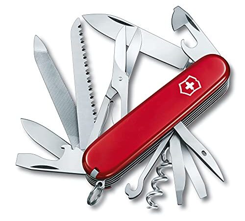 Victorinox Ranger con el texto impreso «Camping» Navaja con 21 funciones, incluyendo tijeras, palillo de dientes, sierra para metal y cincel de madera, de color rojo