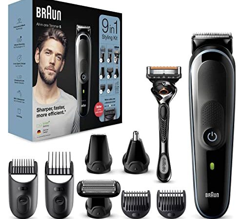 Braun Recortadora Barba 9 en 1, Máquina Cortar Pelo, Cortapelos Hombre para Cara, Pelo, Orejas y Nariz, Maquinilla Gillette, 7 Accesorios, 5 MGK5380, Negro/Azul