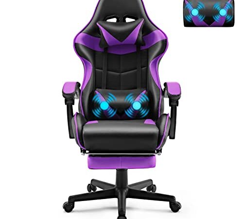 Soontrans Silla Gaming con Masajeador, Silla Gamer con Reposapiés Reposacabeza, Ergonómica, Cojín Lumbar de Masaje, Sillas Gaming para Gaming Livesteam Youtube Playstation (Morado)