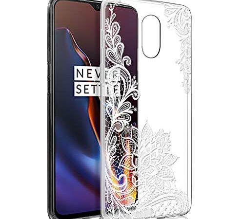 ZhuoFan Funda para OnePlus 6T, Cárcasa Silicona 3D Transparente con Dibujos Diseño Suave Gel TPU [Antigolpes] de Protector Bumper Case Cover Fundas Movil para One Plus 6T 2018 (Flor Blanca)