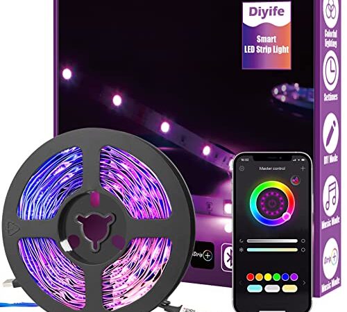 Diyife Tira LED 6m RGB, Luces LED Habitacion Inteligente con Bluetooth Control de App, Múltiples Modos de Escena y Sincronización de Música, para el Hogar, TV, Fiesta, sin Control Remoto