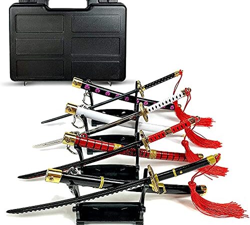 Espada de una pieza - Roronoa Zoro Juego de 4 Katanas con estuche Samuraikatana Abrecartas con vaina y soporte Espada en miniatura Anime Sword Collection Set de regalo para fanáticos y coleccionistas