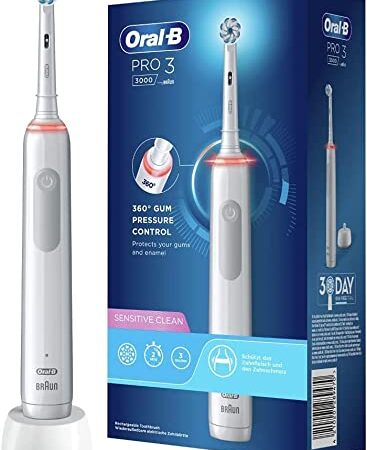 Oral-B PRO 3 3000 Sensitive Clean cepillo de dientes eléctrico, con 3 modos de limpieza que incluyen control de presión sensible y visual de 360° para el cuidado dental, diseñado por Braun, blanco