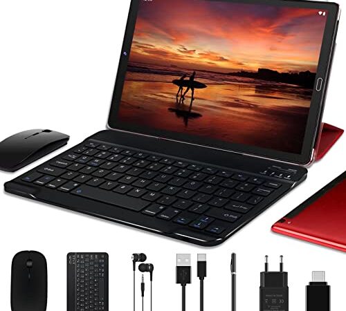 GOODTEL Tablet 10 Pulgadas 4GB RAM + 64GB ROM, Android 11 Google GMS, WiFi, Bluetooth, OTG, Batería 8000mAh, Dual Cámara 5MP + 8MP, SD Slot 4-256GB, con Funda, Teclado y Ratón, Rojo