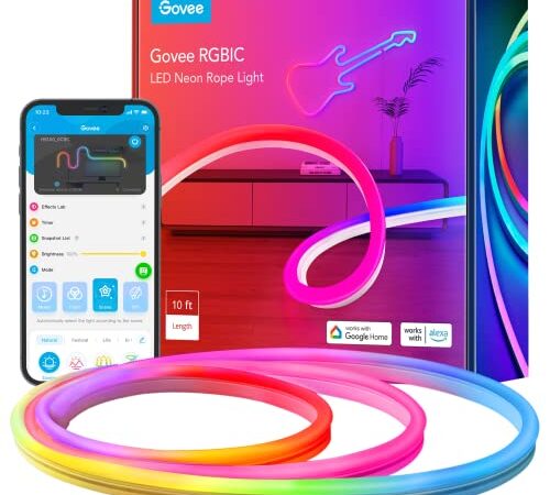 Govee Neon Rope 3M Tira LED de Neón de Silicona,16 Milliones de Color RGBIC para Habitación Gaming, TV y Dormitorio Funciona con Alexa y Google Assistant