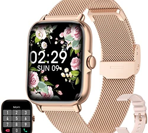 Smartwatch Mujer con Llamada Bluetooth/Marcación, 1.7'' Reloj Inteligente Mujer 28 Modos de Deportes/Frecuencia Cardiaca/SpO2/Seguimiento Menstrual/Monitor Sueño/Reproductor de Música Android iOS Oro