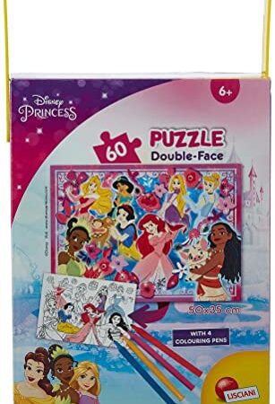 Lisciani - Puzzle in a Tub Doble Cara con Reverso para Colorear 60 Piezas con 4 rotuladores incluidos Disney Princesas Puzle para niños a partir de 3 años (86191)