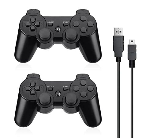 Powerextra Mando Inalámbrico para PS3, 2 Pack Wireless Bluetooth Six-Axis Playstation 3 Gamepad Joystick Controlador con Doble Vibración Recargable Controller con Cable para PS-3(Negro)