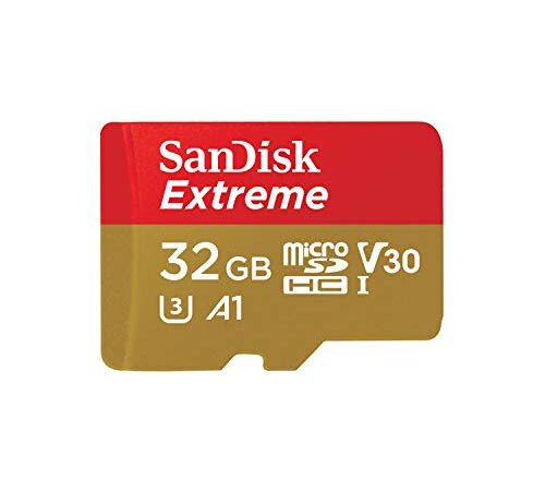 SanDisk Extreme - Tarjeta de memoria 32GB microSDHC para móvil, tablets y cámaras MIL + adaptador SD + Rescue Pro Deluxe, velocidad lectura 100 MB/s, Color Oro/Rojo