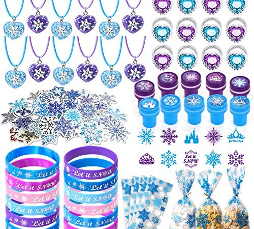 130 Piezas Frozen Fiestas de Cumpleaños Princesa Joyas Collares Pulsera de Silicona Anillos Sello Copo de Nieve Pegatinas Bolsas Regalo para Niños Frozen Party Gadgets de cumpleaños Articulos