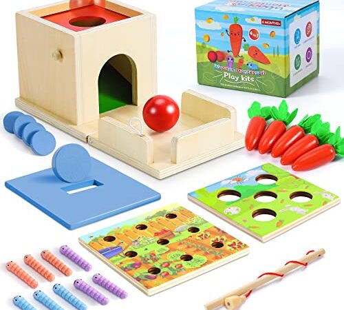 COOLJOY Juguetes Montessori 2 3 4 años | 4 en 1 Juguete Educativo Juguete para Recoger Zanahorias | Caja de Monedas Montessori de Clasificación de Madera | Regalo Cumpleaños Navidad para Niños Niñas