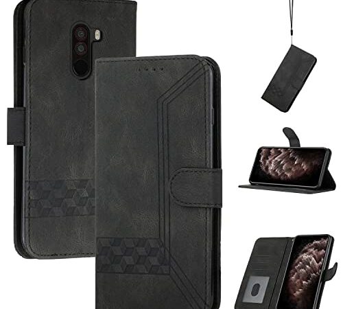 Genlision Funda Compatible con Xiaomi Pocophone F1,Flip Leather Edition,Funda de Cuero PU con Cáscara de TPU, magnético, función de Soporte y Ranuras para Tarjetas-Negro