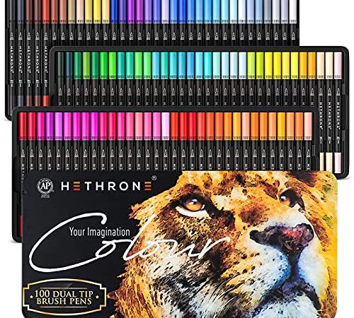 Hethrone Rotuladores Punta Pincel 100 Color Rotuladores Doble Punta Acuarelables Profesionales, Dual Tip Brush Pen para Adultos Caligrafía, Lettering, Bocetos, Dibujo