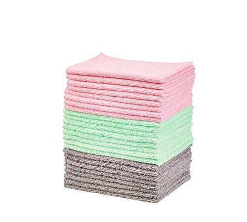 Amazon Basics Green, Gray and Pink Microfiber Cleaning Cloth, 24-Pack