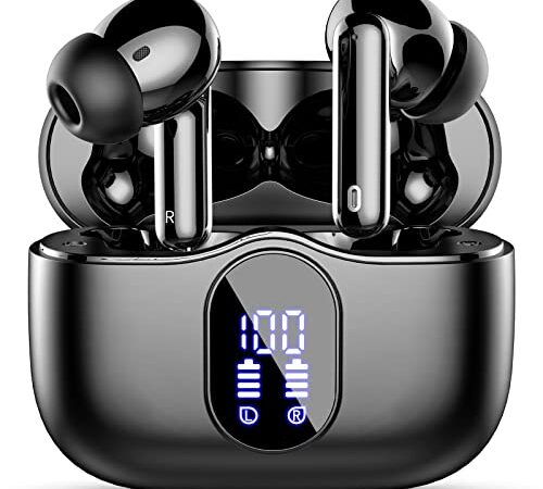 Auriculares Inalámbricos, Auriculares Bluetooth 5.3 con HD Micrófono HiFi Estéreo Pantalla LED, Reducción de Ruido Auriculares,13 mm Controlador dinámico,IP7 Impermeable 36H Cascos Inalambricos Negro