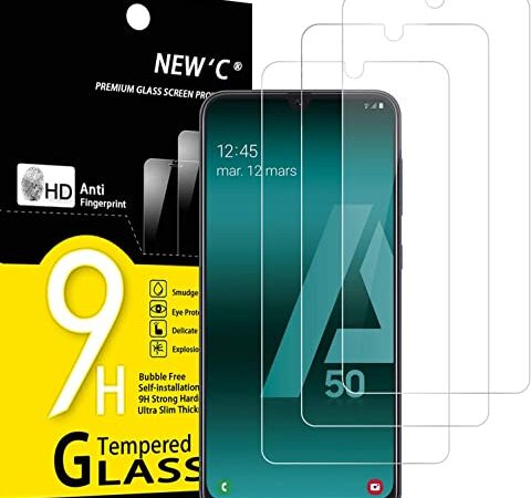 NEW'C 3 Piezas, Protector Pantalla para Samsung Galaxy A50 (SM-A505F), Cristal templado Antiarañazos, Antihuellas, Sin Burbujas, Dureza 9H, 0.33 mm Ultra Transparente, Ultra Resistente