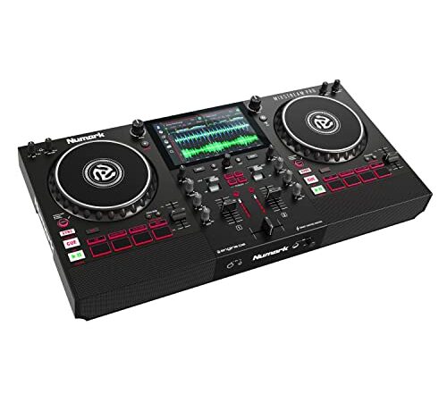 Numark Mixstream Pro - Controlador DJ autónomo con altavoces, pantalla táctil de 7”, streaming con wifi, controles Smart Light, ruedas para scratch de 6”, 2 canales y efectos