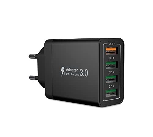 Quick Charge 3.0 Cargador USB, 33W 3.1A Cargador USB de Pared con 4 Puertos, Carga Rapida Multiple Enchufe Rápido para iPhone 11 Pro max/12/X/XS/XS MAX/XR,Samsung S21/S10/S8+/S9/S8，Huawei P30/P20