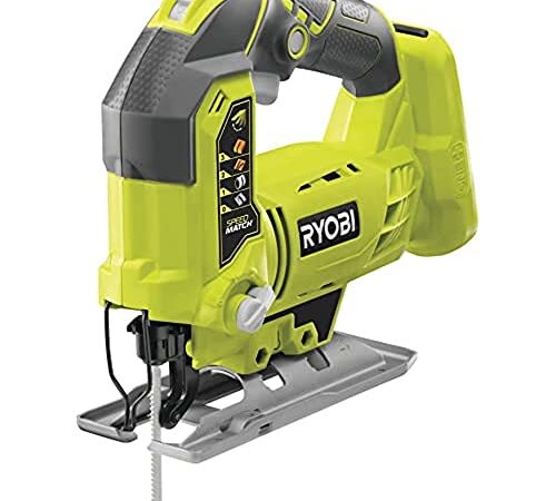 RYOBI - Sierra de Calar Pendular de 4 Posiciones 18V ONE+ Sin Cable para Cortes Perfectos, Sin Astillas, Rectos, Acabados, Recorte de Bordes de Tablas, Laminados, Contrachapados, Metal - R18JS-0