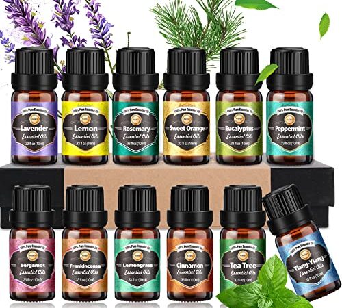 Set de Aceites Esenciales para Humidificador 12 x 10ml,óleo Essencial Lavanda Ylang-Ylang Árbol del Té Eucalipto Incienso Lemongrass Romero Naranja Menta Limón Bergamota Pomelo Manzanilla Rosa