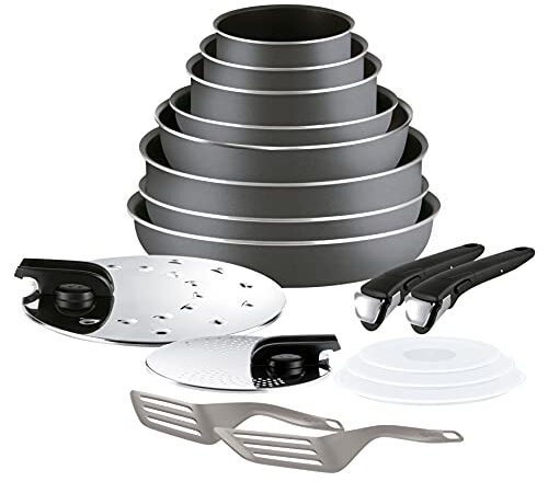 Tefal Ingenio Essential -Juego de 4 Sartenes, 3 Cazos, Mango extraíble: Sartenes 22/26/28 cm, Wok 24 cm, Cazo 16 cm, Cacerolas 18/20 cm, 2 tapas y mangos, Thermospot, horno y lavavajillas, Gris Oscuro