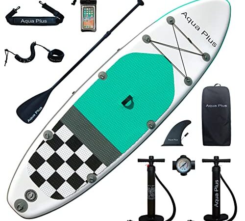 Aqua Plus Sup Inflable de 15cm de Grosor para Todos los Niveles de Habilidad, Paleta Ajustable, Bomba de Doble acción, Mochila de Viaje ISUP, Tabla de Remo Inflable para jóvenes y Adultos