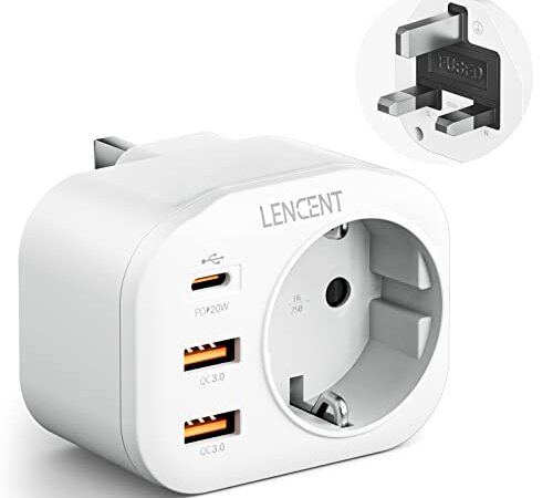 LENCENT Adaptador Enchufe UK/Reino Unido, Adaptador Inglaterra de Viaje con Carga Rápida QC3.0+PD20W, Europa Español 2-Pin a 3-Pin RU para Escocia, Irlanda, Gales, Maldivas, Gran Bretaña, Tipo G