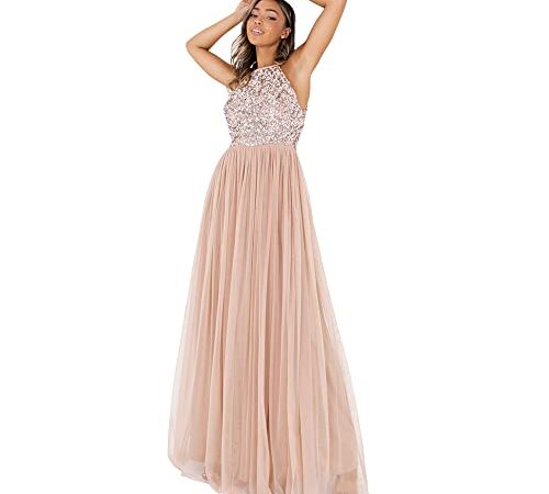 Maya Deluxe Womens Ladies Bridesmaid Maxi Dress Halter Neck Sequin Embellished Prom Graduation Wedding Vestido de Dama de Honor, Taupe Blush, 28 para Mujer